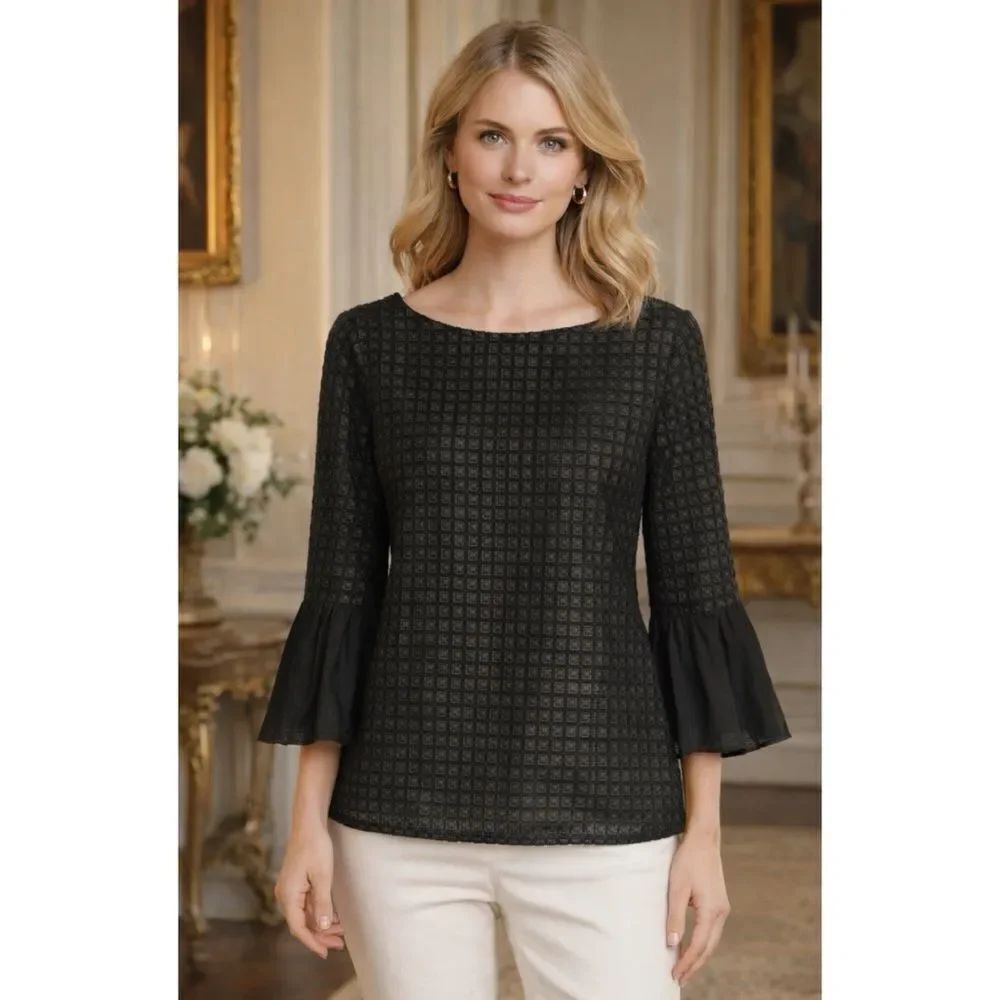 ANN MASHBURN Black Cubes Textured Blouse with Balloon Sleeves in Black Size M